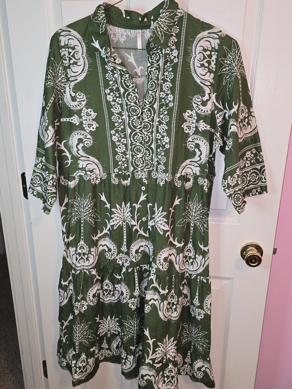 Kaktus Olive Green and White Printed Tiered Midi Dress